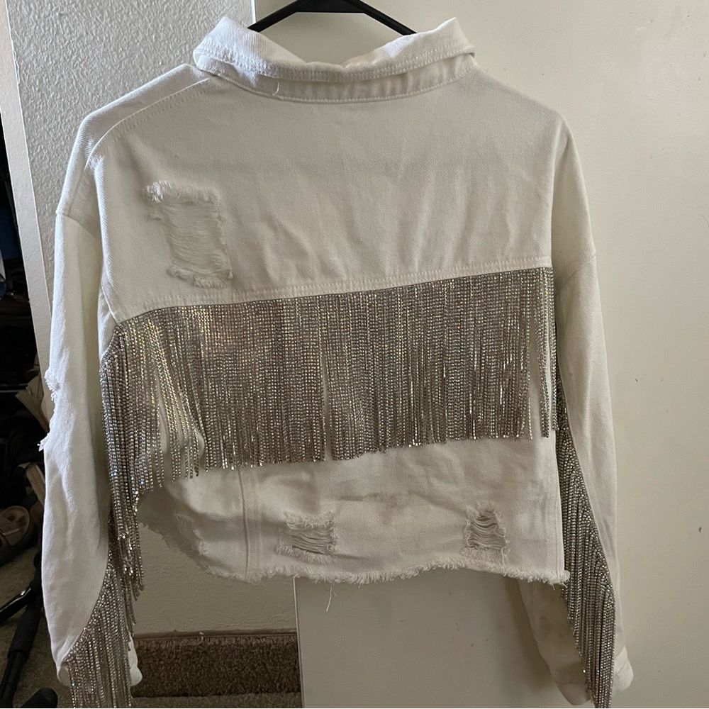 Rhinestone Fringe Cropped Denim Jacket